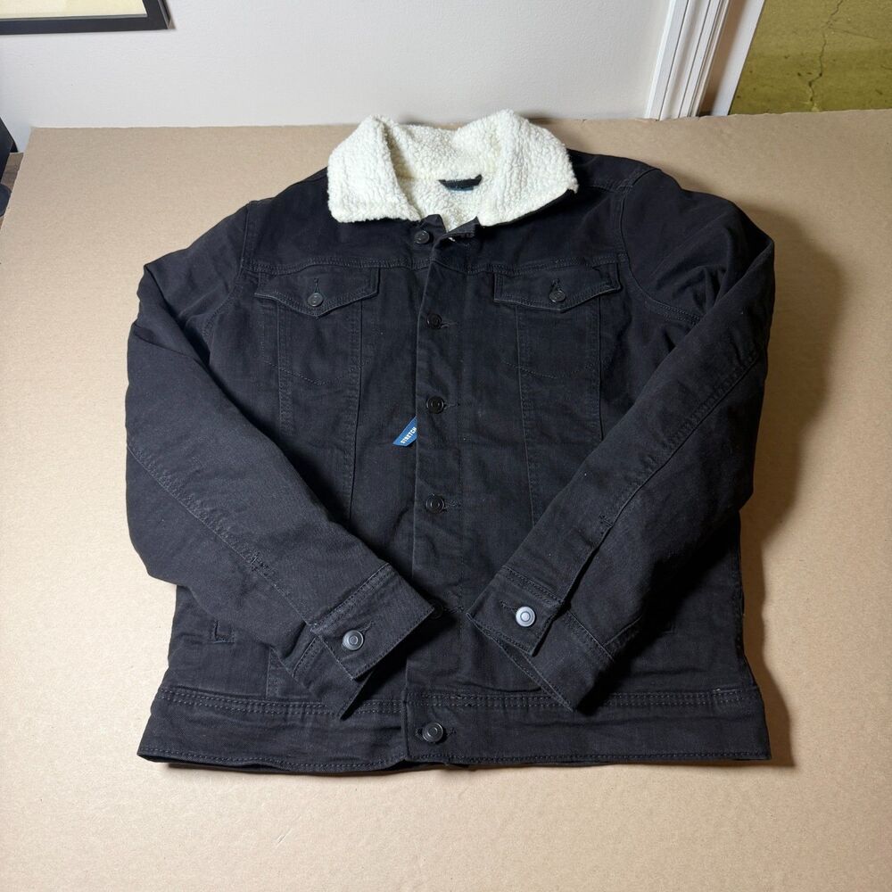 mens sherpa George black denim jacket stretch like new button down warm coat